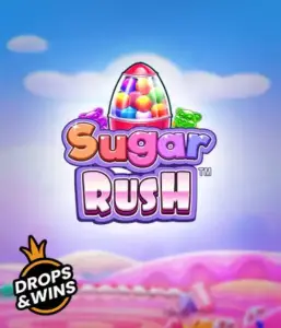 Изображение игрового автомата Sugar Rush от Pragmatic Play, показывающее разноцветный мир конфет и сладостей. На переднем плане видны символы в виде конфет и желейных мишек, окруженные сладкой атмосферой. В центре расположен логотип игры Sugar Rush, подчеркивающий тематику слота.